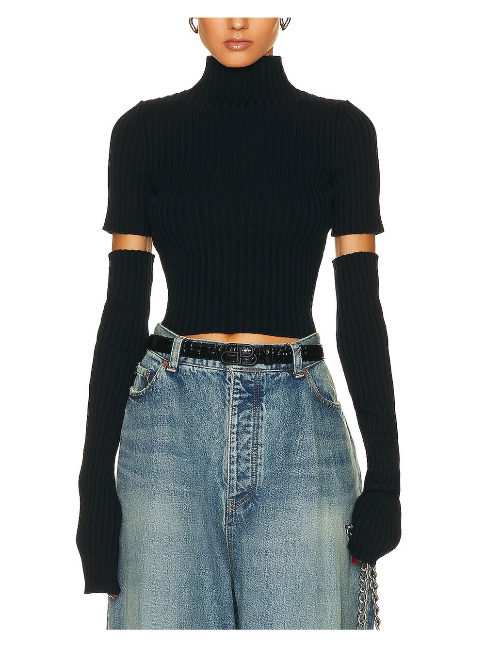 Balenciaga Ribbed Navy Cut Up Mock Neck Sweater Size S